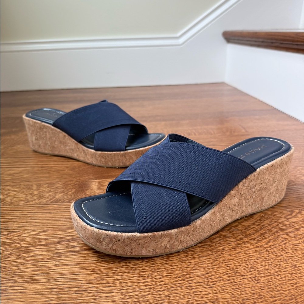 DONALD PLINER Jocelyn Wedge Sandal Slides Cork Crossover Basic Elastic Navy 10